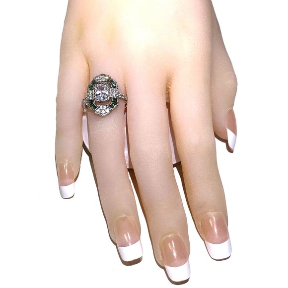 Vintage Estate Inspired Ring - Synthetic Emeralds & Diamonds - Size 6, 7 or 8 - Picture 12 of 12